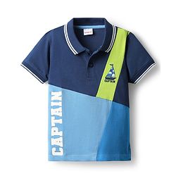 Babyhug 100% Cotton Knit Half Sleeves Cut & Sew Polo T-Shirt with Nautical Theme Print & Embroidery - Light & Navy Blue