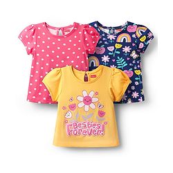 Babyhug 100% Cotton Knit Half Sleeves T-Shirts with Rainbow Floral & Polka Dot Print Pack of 3 - Pink & Navy Blue