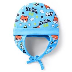 Babyhug 100% Cotton Knit Cap with Knot & Tiger Print Light Blue - Circumference 32 cm
