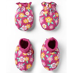 Babyhug 100% Cotton Mittens & Booties With Floral Print - Pink