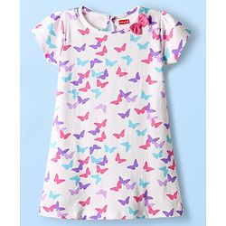Babyhug 100% Cotton Half Sleeves Butterfly Printed Dress With Bow Applique - White