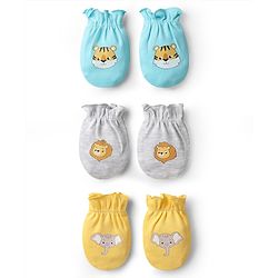 Babyhug 100% Cotton Knit Mittens with Animal Print Pack of 3 - Yellow Aqua Blue & Grey