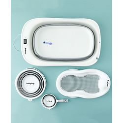 Babyhug Foldable Baby Bath Tub with set of 4 Accessories - Grey| Drain Plug for Easy Cleaning| Removable Bath Rack| Foldable Bath | Foldable Bath Mug with Handle