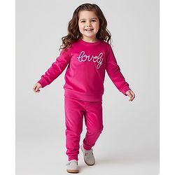 Babyhug Velour Woven Full Sleeves Sweatshirt & Lounge Pant Set with Text Embroidery - Pink