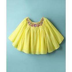 Babyhug Woven Full Sleeves Kaftan Style Top With Floral Embroidery - Yellow