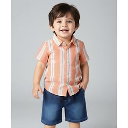 Babyhug Woven Half Sleeves Striped Shirt & Denim Shorts Set - Orange & Blue
