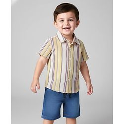 Babyhug Woven Half Sleeves Striped Shirt & Denim Shorts Set - Yellow & Blue