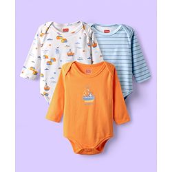 Babyhug 100% Cotton Knit Full Sleeves Onesies with Stripes & Nautical Print Pack of 3 - White & Orange