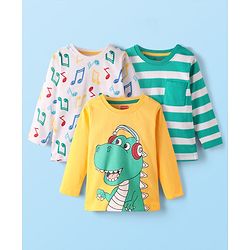 Babyhug 100% Cotton Knit Full Sleeves T-Shirts with Dino Print & Stripes Pack of 3 - Yellow & Light Green