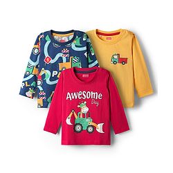 Babyhug 100% Cotton Knit Full Sleeves T-Shirt With Awsome Text & Vehicle Print Pack Of 3 - Red Navy Blue & Yellow