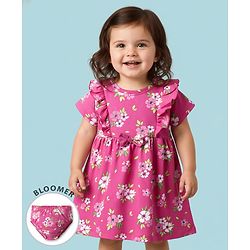 Babyhug Cotton Knit Half Sleeves Frock With Bloomer Floral Print with Bow Applique & Frill Detailing - Pink
