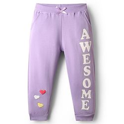 Babyhug Terry Knit Full Length Lounge Pant with Text Print & Heart Embroidery - Lavender