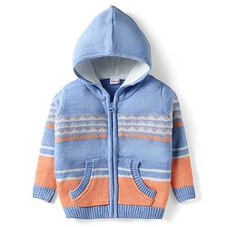 Babyhug Knit Full Sleeves Hooded Sweater With Abstract Design & Kangaroo Pockets - Multicolour