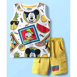 Babyhug Disney 100% Cotton Sleeveless T-Shirt & Short Set With Mickey & Friends Graphics - Multi Colour