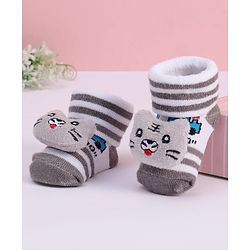 Cute Walk by Babyhug Striped Fabric Socks With Cat Applique - Brown & White