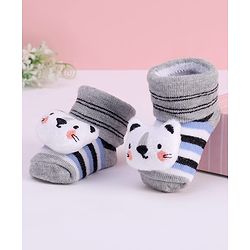 Cute Walk by Babyhug Striped Fabric Socks With Cat Applique - Grey