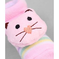 Cute Walk by Babyhug Ankle Length Sock Shoes with Stripes & Kitty Applique - Pink