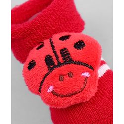 Cute Walk by Babyhug Ankle Length Sock Shoes with Stripes & Ladybug Applique - Red