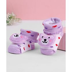 Cute Walk by Babyhug Ankle Length Sock Shoes with Heart Design & Bear Applique - Purple