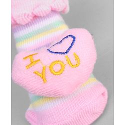 Cute Walk by Babyhug Ankle Length Sock Shoes with Stripes & Heart Applique - Pink