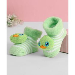 Cute Walk by Babyhug Ankle Length Sock Shoes with Stripes & Applique - Light Green