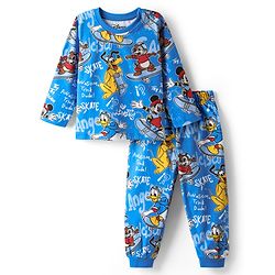 Babyhug Disney Single Jersey Knit Full Sleeves Co-Ord Night Suit With Mickey & Friends Print - Blue
