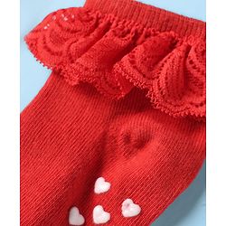 Cute Walk by Babyhug Knit Ankle Length Anti Skid Anti Bacterial Socks with Frill Detailing Pack of 3 - Red Black & White