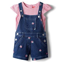 Babyhug Single Jersey Knit Cap Sleeves T-Shirt & Dungaree with Stripes & Fruit Embroidery - Red & Blue
