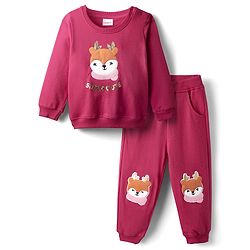 Babyhug Terry Knit Full Sleeves Top & Lounge Pant Set With Animal Patch - Maroon