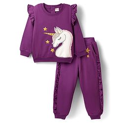Babyhug Terry Knit Full Sleeves T-Shirt & Lounge Pant Set With Text Embroidery - Blue