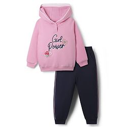 Babyhug Terry Knit Full Sleeves Hooded Top & Lounge Pant Set With Floral Patch & Sequin Detailing - Pink & Navy Blue