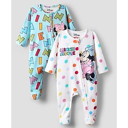 Babyhug Disney Interlock Knit Full Sleeves Footed Front Open Sleep Suits with Minnie Mouse Graphics Pack of 2 - White & Light Blue