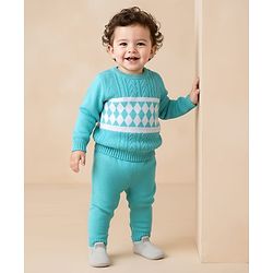 Babyhug Knit Full Sleeves Sweater Set With Cable Knit Design - Aqua Blue