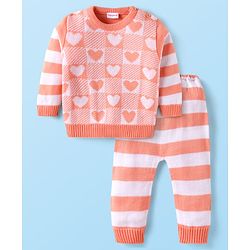 Babyhug Knit Full Sleeves Pullover Sweater Set With Heart & Stripes Design - Pink