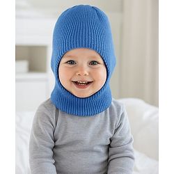 Babyhug Knit Solid Coloured Woollen Monkey Cap Blue - Diameter 11.5 cm