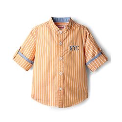 Babyhug Cotton Woven Full Sleeve Striped Shirt with Mandarin Collar - Orange & White