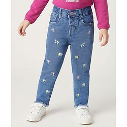 Babyhug Denim Full Length Washed Jeans With Stretch & Floral Embroidery - Blue