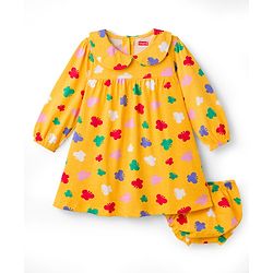 Babyhug Single Jersey Knit Full Sleeves Peter Pan Collar Frock With Bloomer & Butterfly Print - Yellow