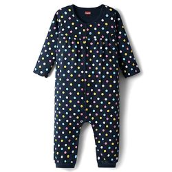 Babyhug 100% Cotton Interlock Knit Full Sleeves Romper with Polka Dot Print - Navy Blue