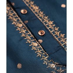 Babyhug Woven Full Sleeves Kurta Dhoti Set With Foil Print - Teal Blue