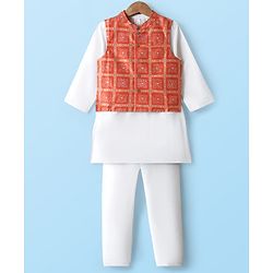 Babyhug Woven Full Sleeves Solid Coloured Kurta Pyjama Set With Brocade Jacket - White & Red