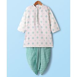 Babyhug Woven Full Sleeves Printed Kurta With Embroidered Dhoti Set - Turquoise & White
