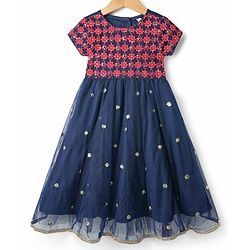 Babyhug Woven Half Sleeves Ethnic Dress with Embroidery & Sequin Detailing - Navy Blue
