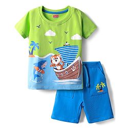 Babyhug Single Jersey Knit Half Sleeves T-Shirt & Shorts Set with Beach Theme Print - Limegreen