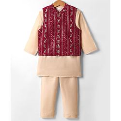 Babyhug Woven Full Length Solid Coloured Kurta Pyjama Set With Embroidery Jacket - Beige & Red