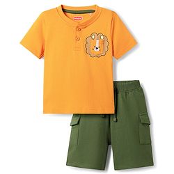 Babyhug Single Jersey Knit Half Sleeves T-Shirt & Shorts Set with Henley Neck Lion Print & Front Pocket - Mustard & Olive Green