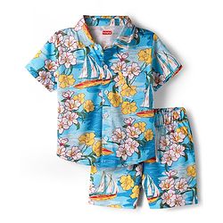 Babyhug Single Jersey Knit Half Sleeves Co-ords Shirt & Shorts Set with Beach Theme Print - Light Blue
