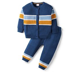 Babyhug Knitted Full Sleeves Front Open Sweater Set - Navy Blue