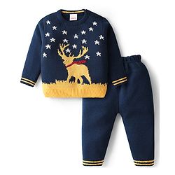 Babyhug Knit Full Sleeves Christmas Theme Printed Pullover Sweater Set - Navy Blue