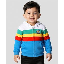 Babyhug Cotton Knit Full Sleeves Hooded Sweatjacket With Color Block Design & Kangaroo Pockets - Multicolor